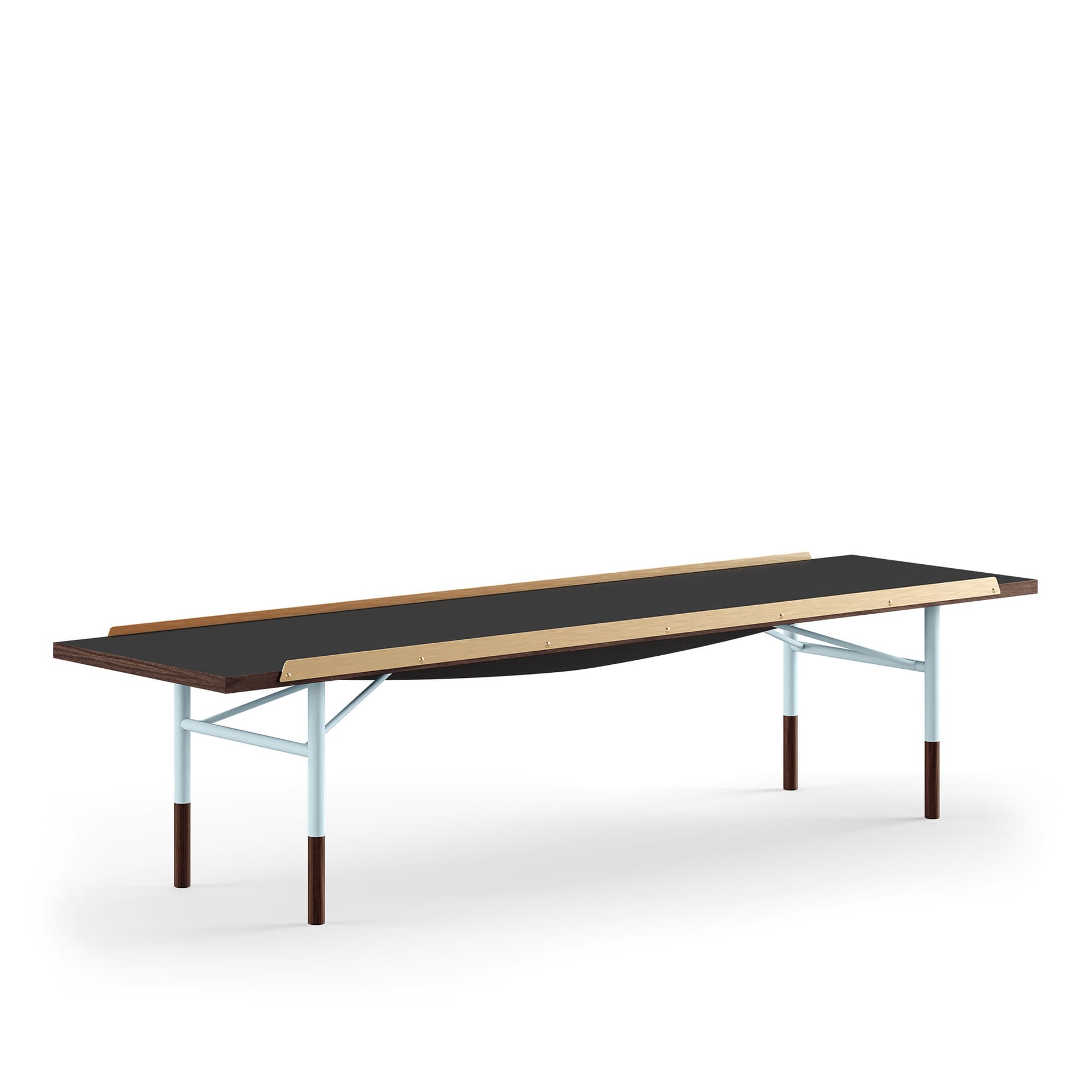 House of Finn Juhl - Table Bench Medium, With Brass Edges, Walnut/black linoleum, Light Blue Steel - TV-bänkar - Finn Juhl - Träfärgad,Svart,Blå - Metall/Trä/Plast
