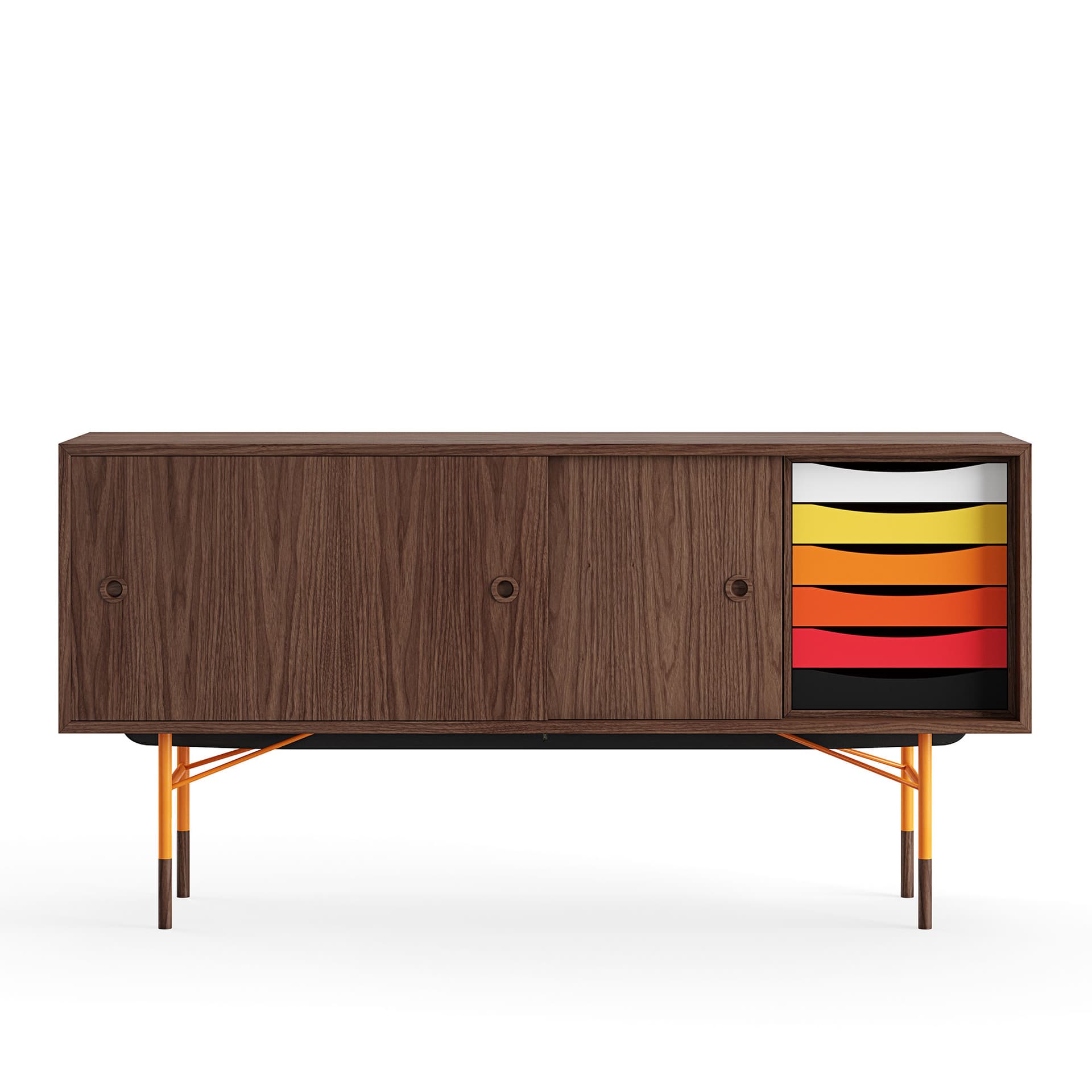 House of Finn Juhl - Sideboard With Tray Unit, Walnut Veneer, Orange Steel, Warm - Skänkar och sideboards - Finn Juhl - Träfärgad - Metall/Trä
