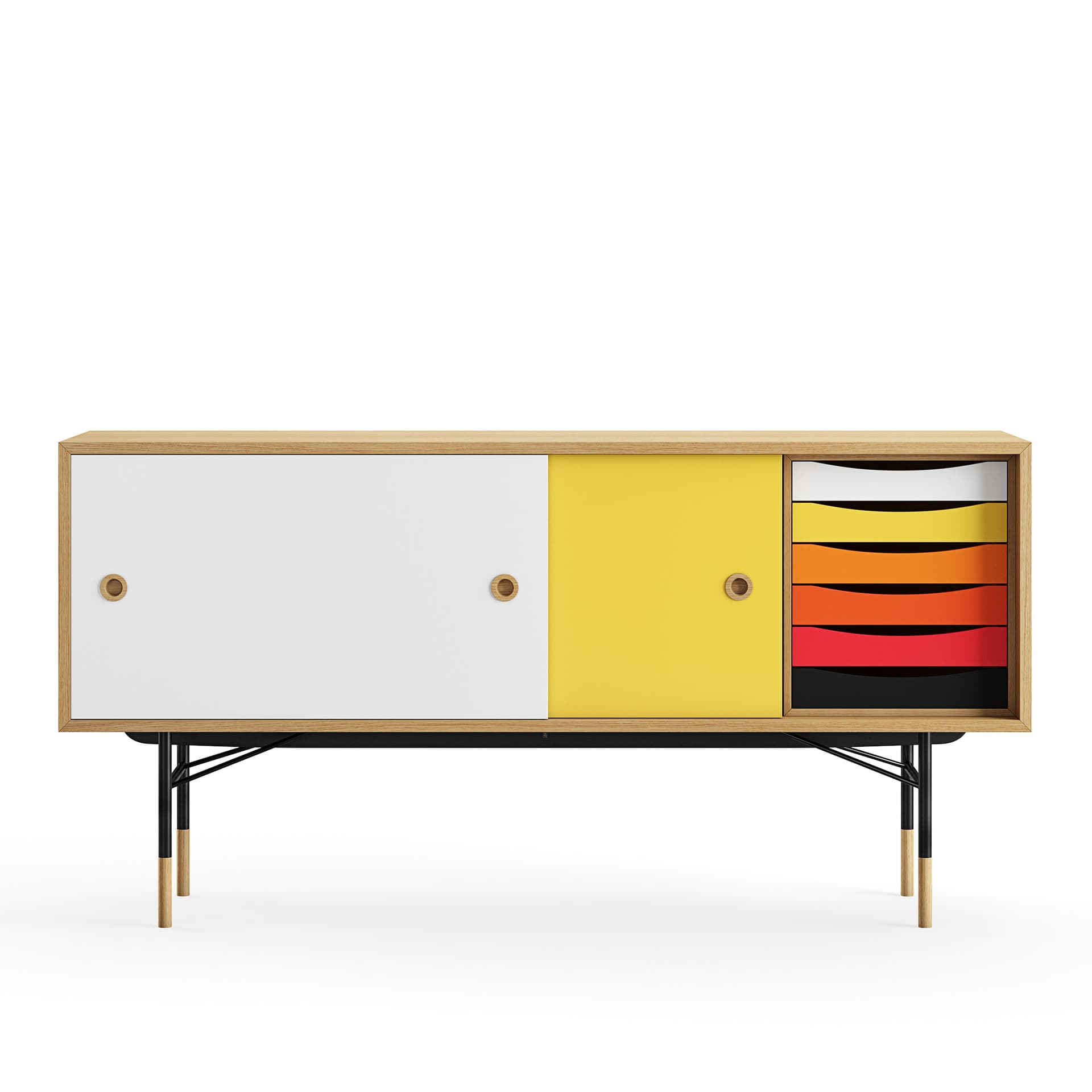 House of Finn Juhl - Sideboard With Tray Unit, Dark oiled oak, White/Yellow, Black Steel, Warm - Skänkar och sideboards - Finn Juhl - Flerfärgad - Metall/Trä
