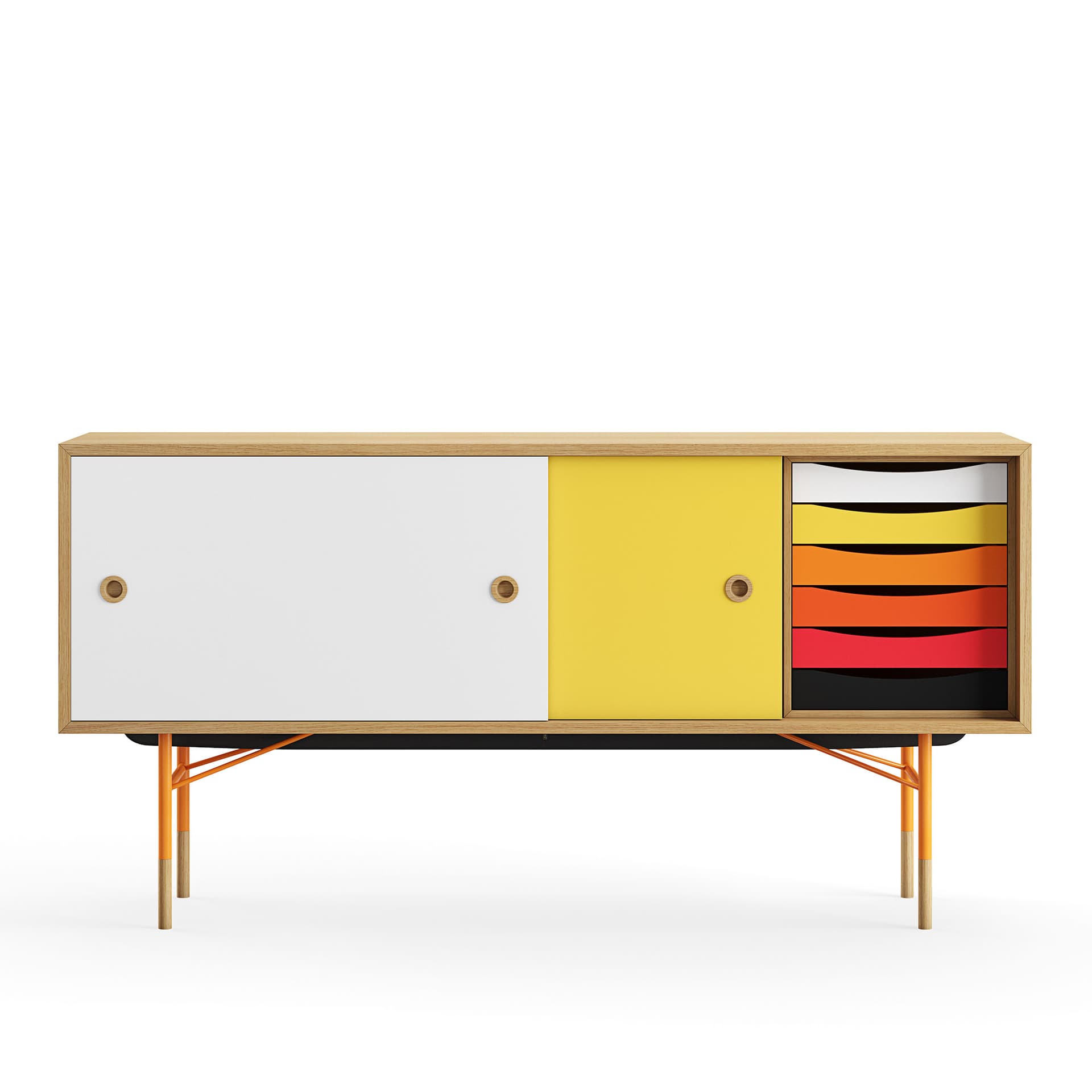 House of Finn Juhl - Sideboard With Tray Unit, Dark oiled oak, White/Yellow, Orange Steel, Warm - Skänkar och sideboards - Finn Juhl - Flerfärgad - Metall/Trä