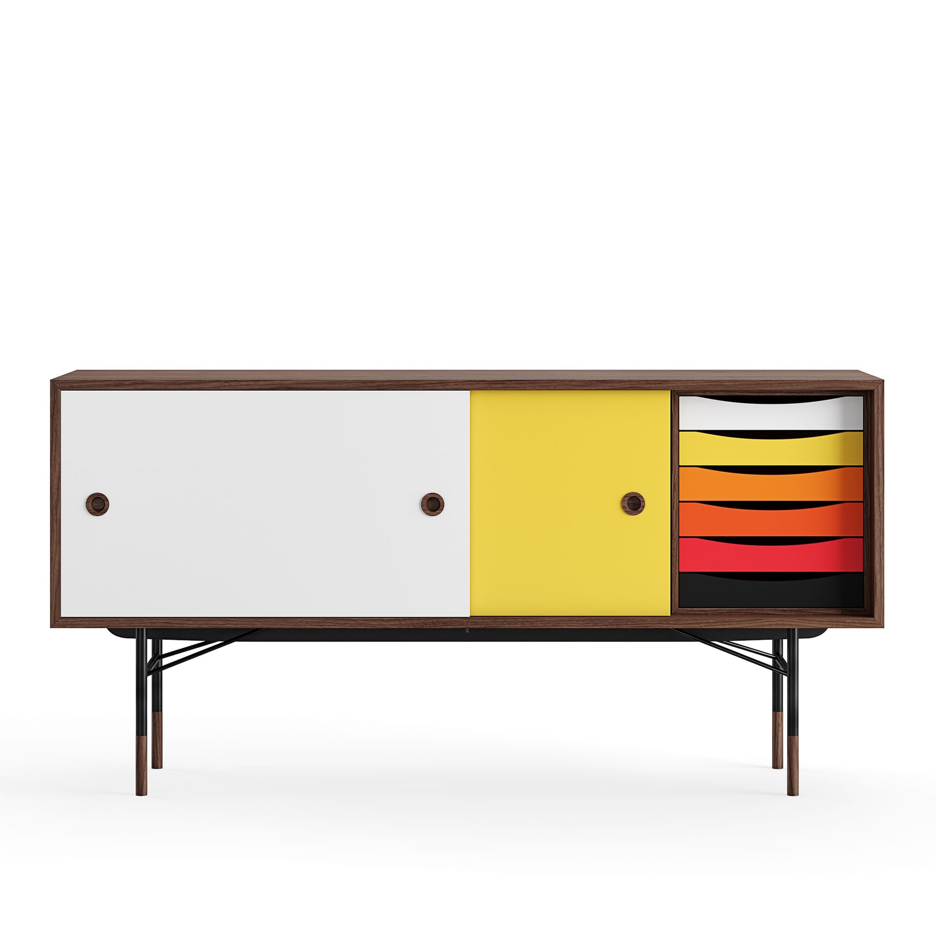 House of Finn Juhl - Sideboard With Tray Unit, Walnut, White/Yellow, Black Steel, Warm - Skänkar och sideboards - Finn Juhl - Flerfärgad - Metall/Trä