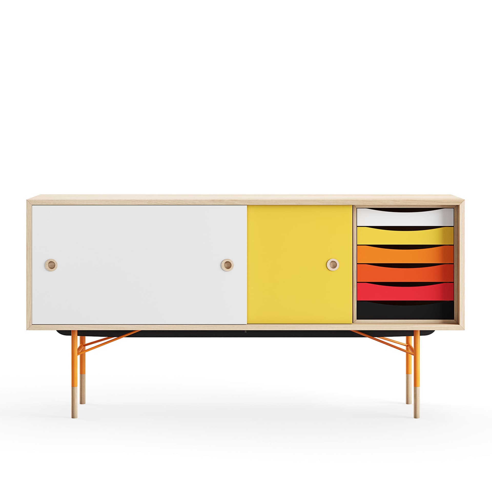 House of Finn Juhl - Sideboard With Tray Unit, Oak, White/Yellow, Orange Steel, Warm - Skänkar och sideboards - Finn Juhl - Flerfärgad - Metall/Trä