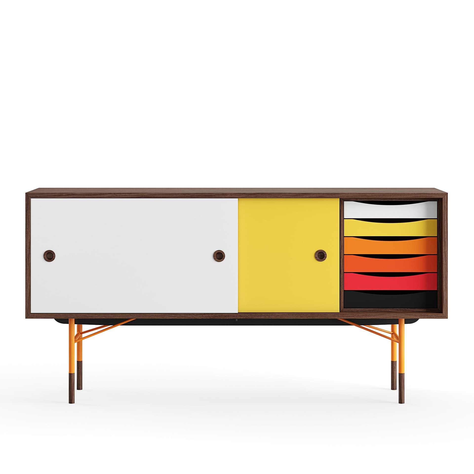 House of Finn Juhl - Sideboard With Tray Unit, Walnut, White/Yellow, Orange Steel, Warm - Skänkar och sideboards - Finn Juhl - Flerfärgad - Metall/Trä
