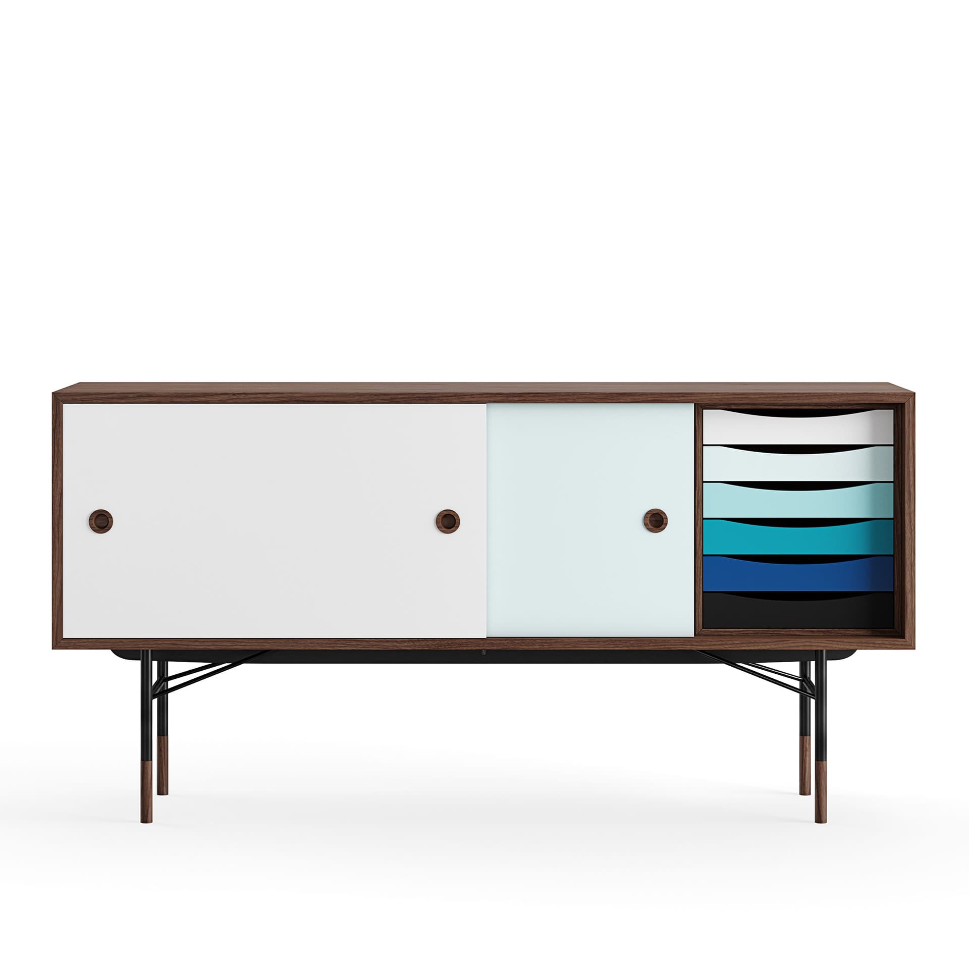 House of Finn Juhl - Sideboard With Tray Unit, Walnut, White/Light Blue, Black Steel, Cold - Skänkar och sideboards - Finn Juhl - Flerfärgad - Metall/Trä