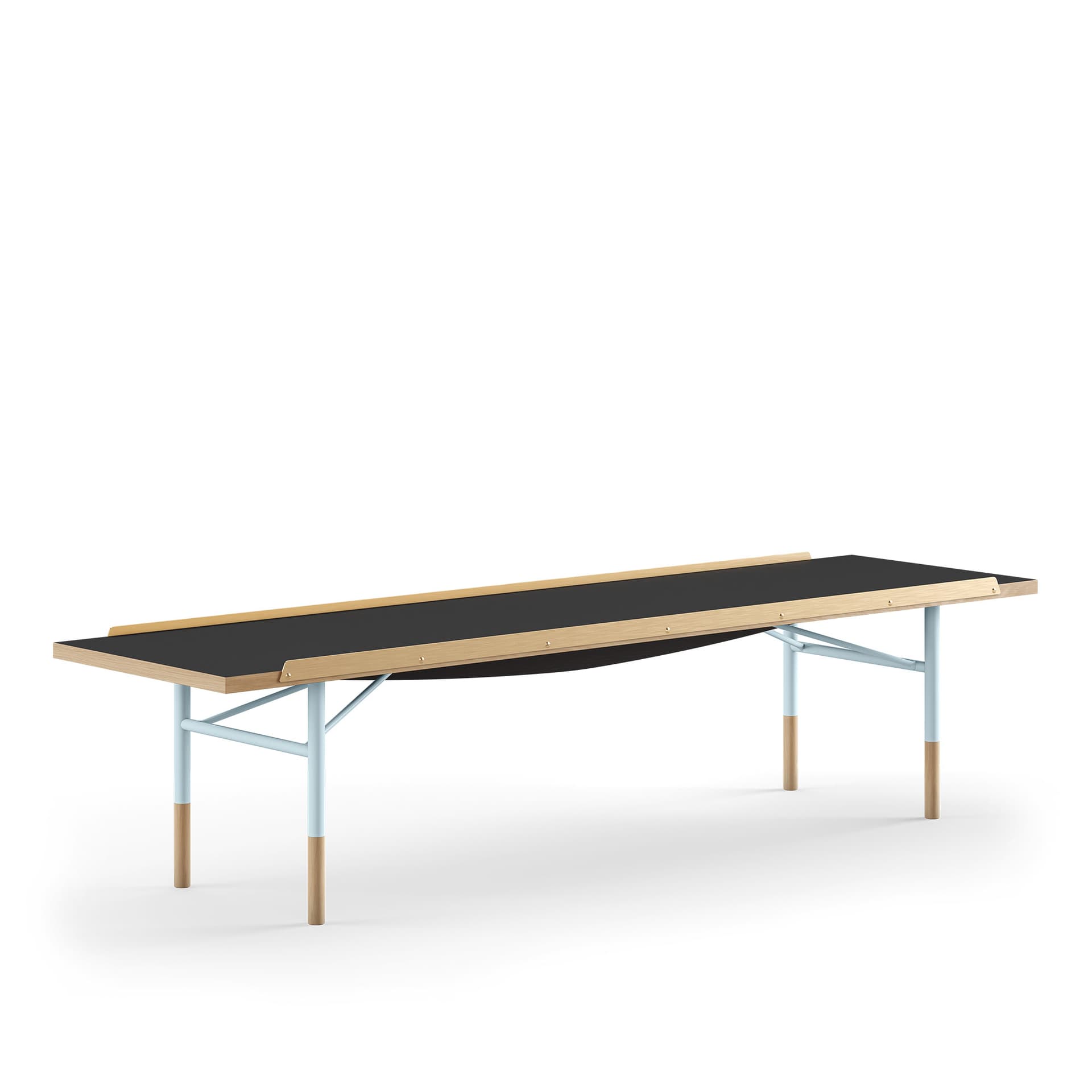 House of Finn Juhl - Table Bench Large, With Brass Edges, Black Linoleum, Light Blue Steel - TV-bänkar - Finn Juhl - Träfärgad,Svart,Blå - Metall/Trä/Plast